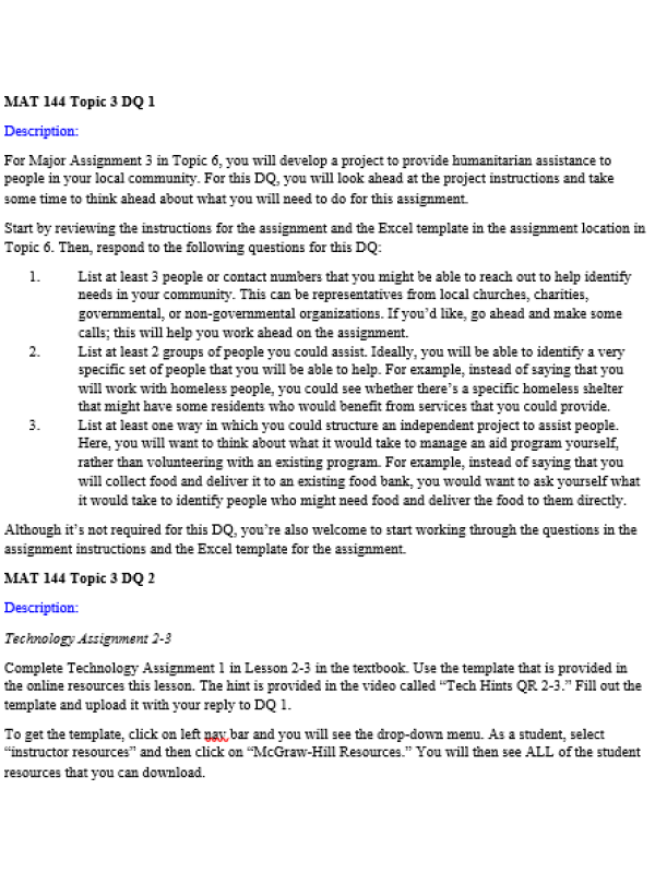 MAT 144 Topic 3 DQ 1, DQ 2